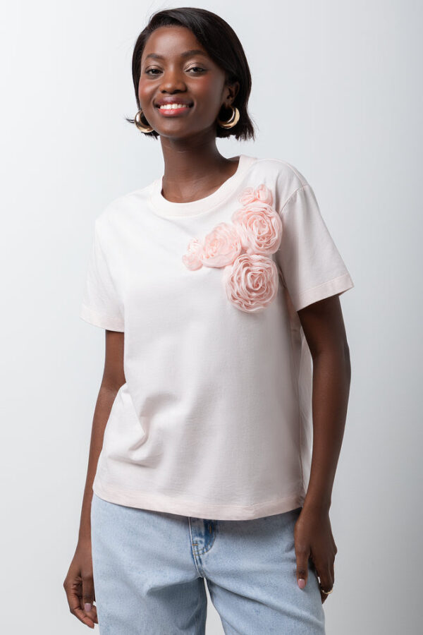 Women's Short Sleeve 3D Floral T-Shirt - Pink