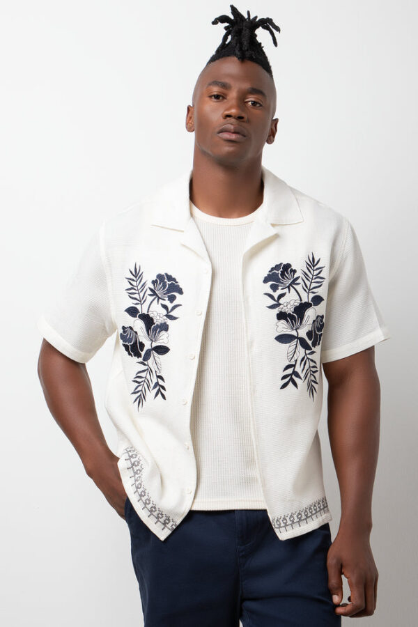 Men's Embroidered Waffle Shirt - Natural
