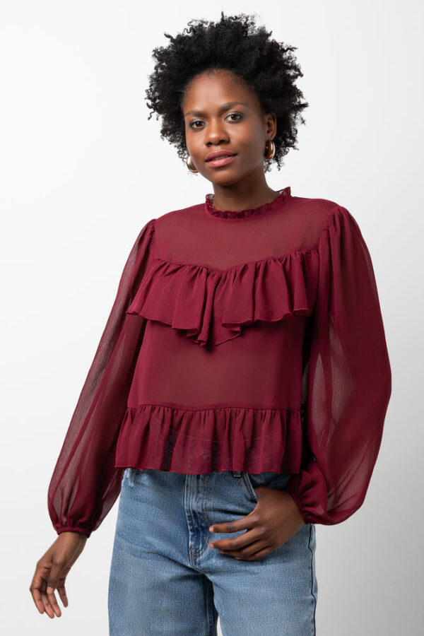 Women's Long Sleeve Chiffon Frill Blouse - Burgundy